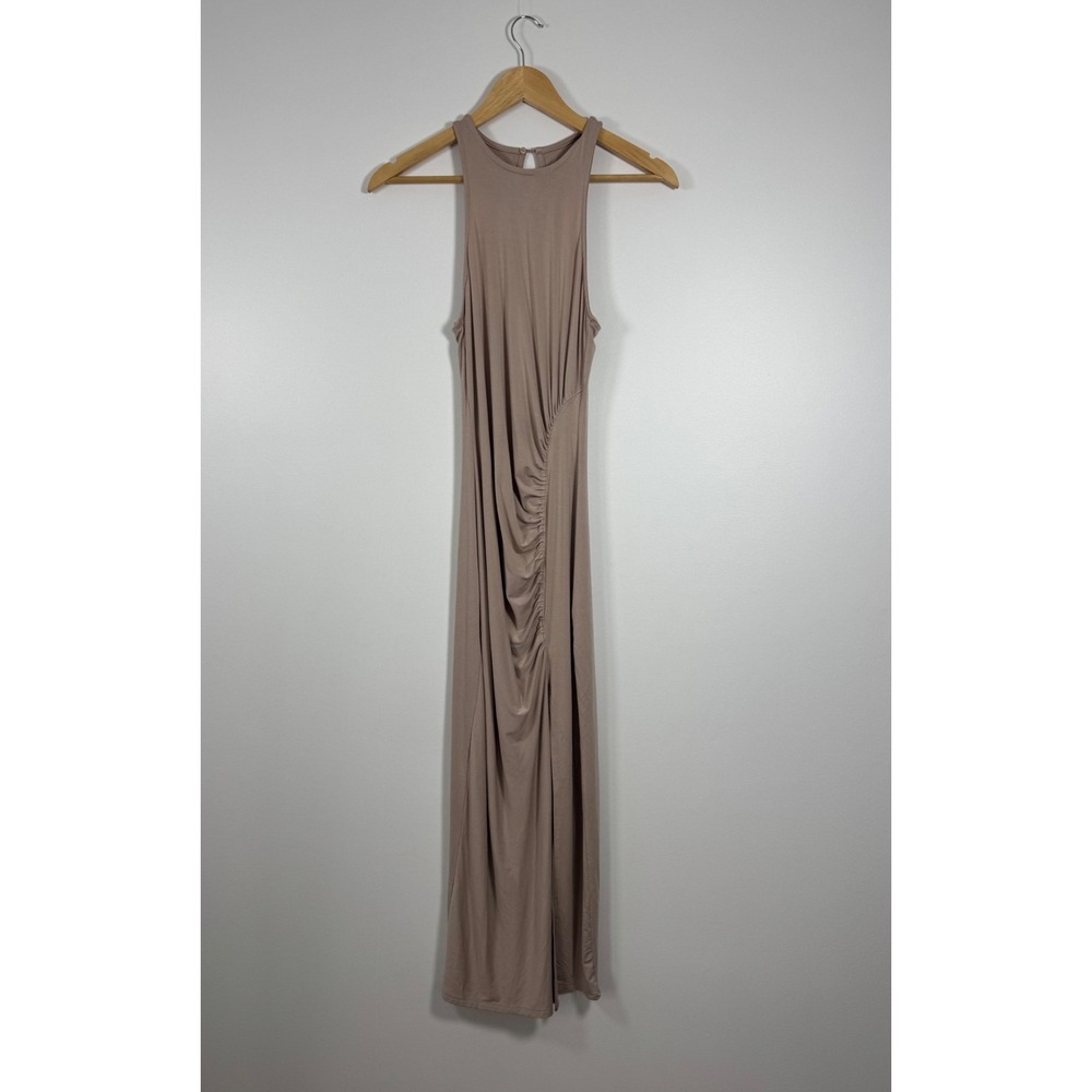 Lulus Maxi Dress Small Taupe Ruched Side High Slit‎ High Neck Jersey Sleeveless